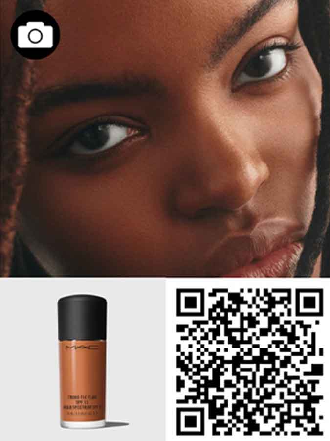 QR code and model's face for STUDIO FIX FLUID SPF 15.
